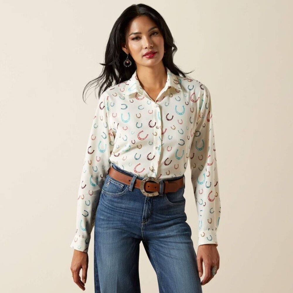 Ariat Women's Homestyle Horseshoe Print Button Shirt Western Luck 10062903